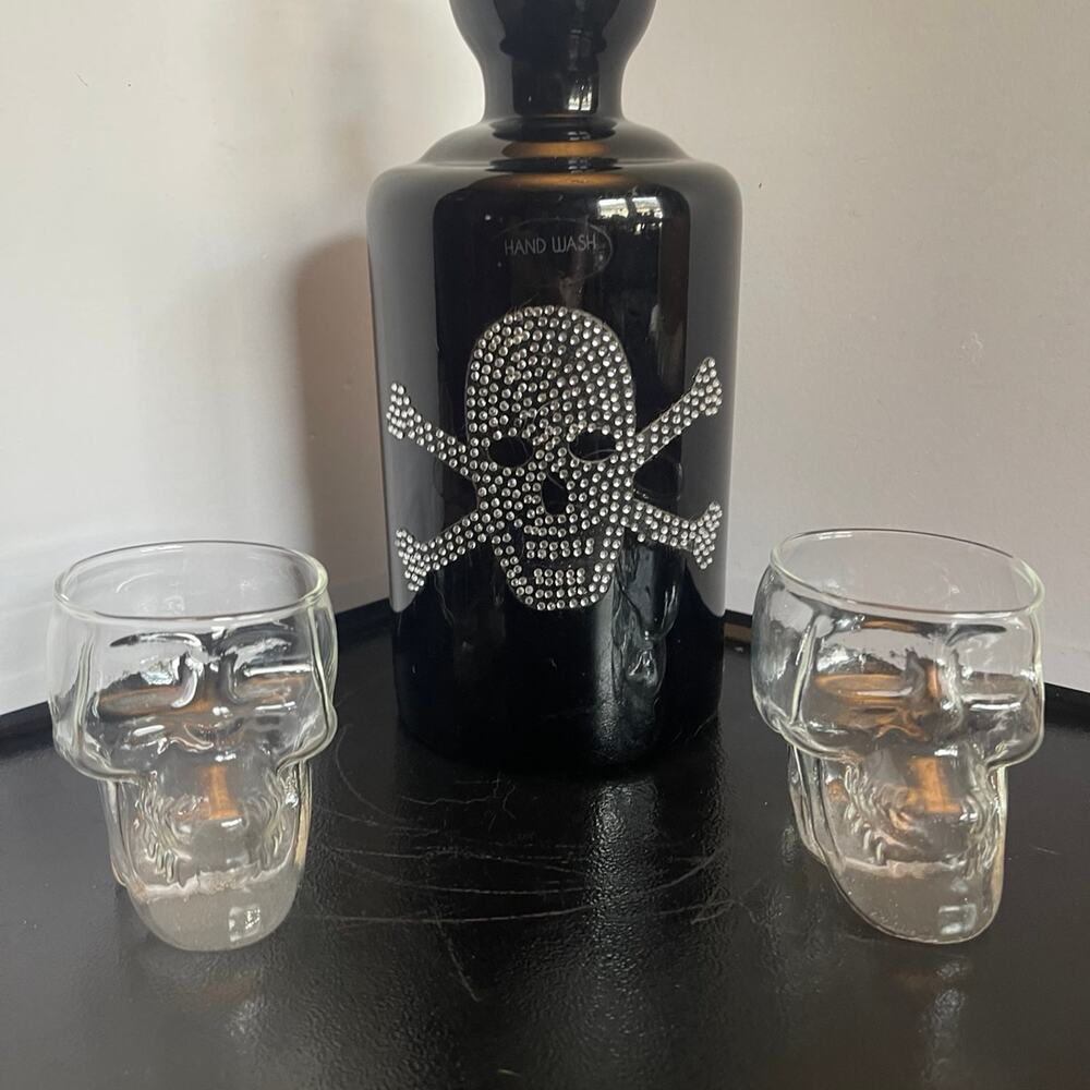 Gothic Skull Bathroom & Bar Decor Set | Rhinestone  + 2 Skull Shot
